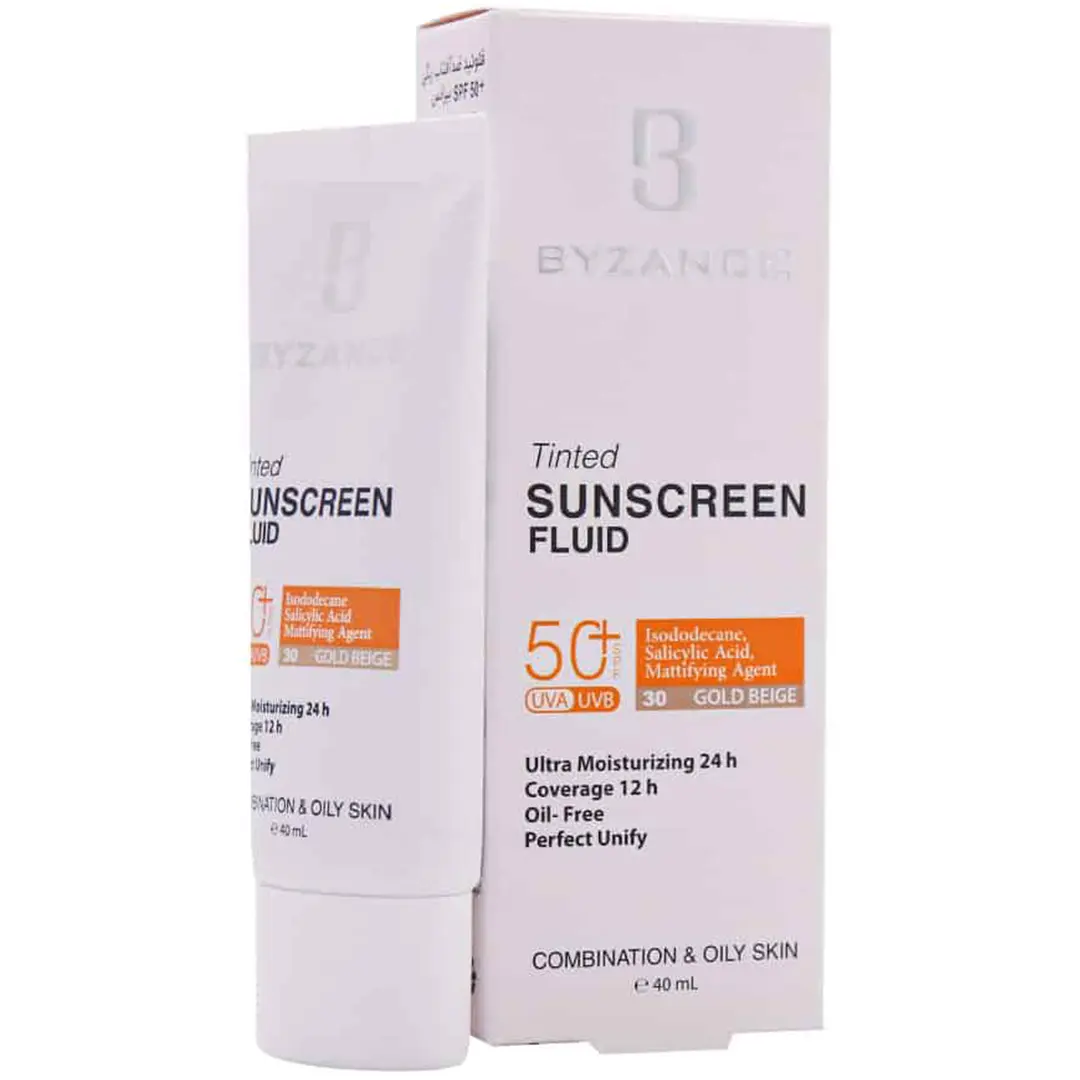 فلوئید ضد آفتاب رنگ گلد بژ SPF50 بیزانس مناسب پوست مختلط و چرب